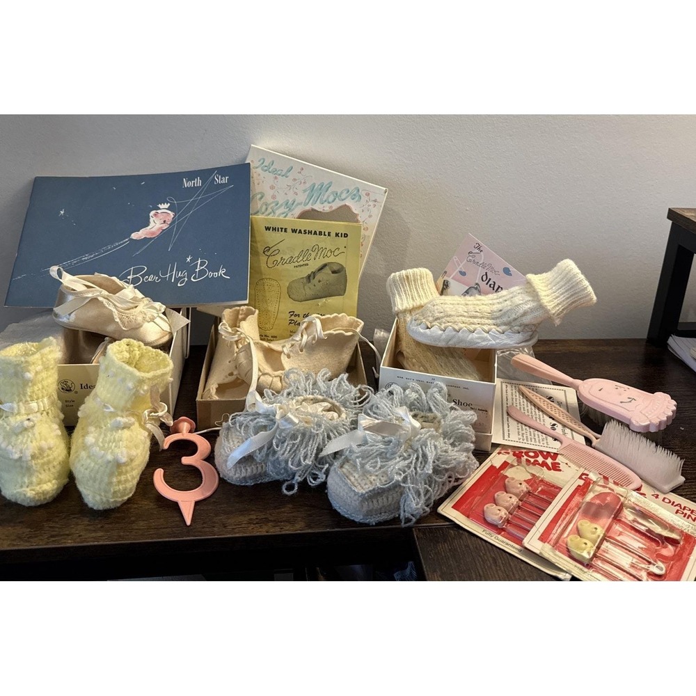 VTG Baby Lot Booties‎ Shoes Brush Comb Diaper Pins Ephemera 40s-60s